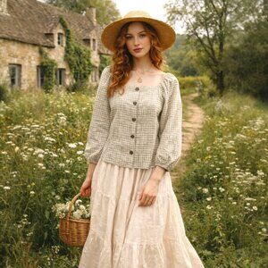 NWT Tribal Fern Green Gingham Plaid Square Neck Button Front Blouse Size Medium